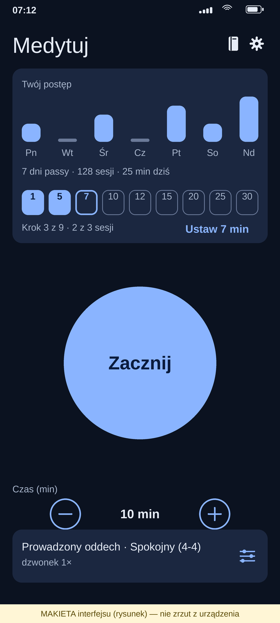 Main screen: bars, the numbers, the plan ladder and a round „Start” (mockup)
