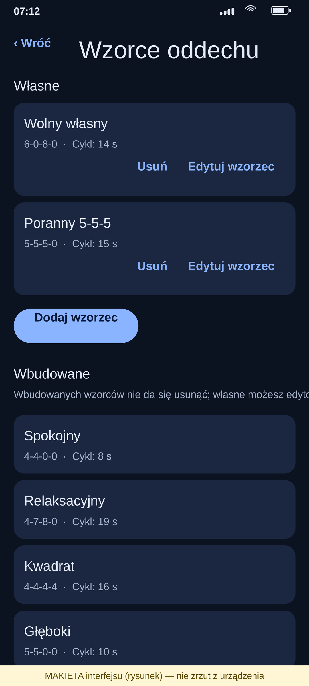 Patterns: your own rhythms next to built-in ones (mockup)