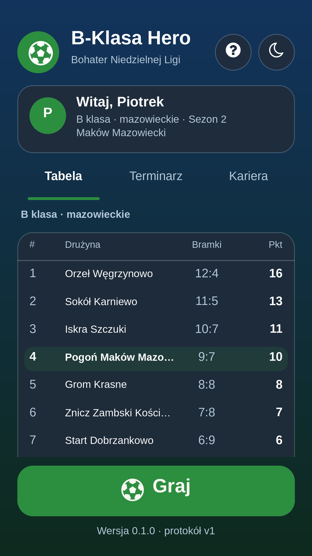 Main menu: league table