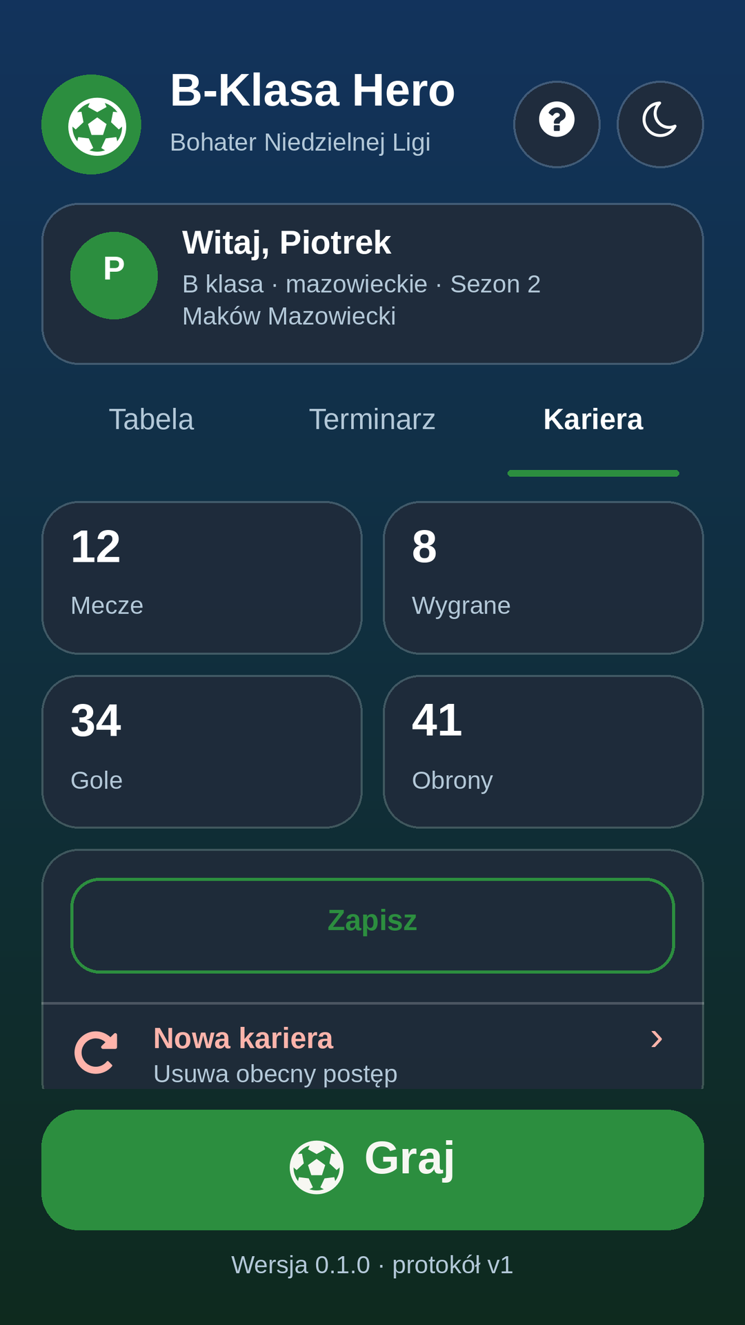 Main menu: career and stats