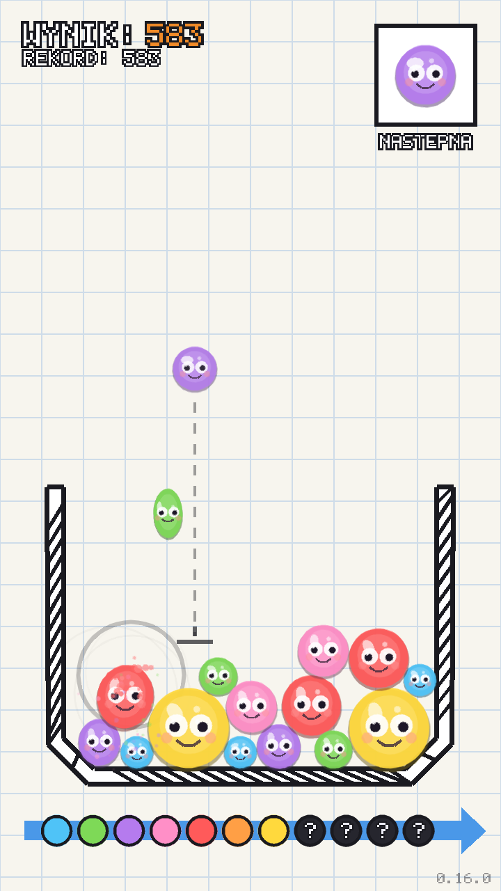 Gameplay: balls in the box, with the next ball ready to drop above