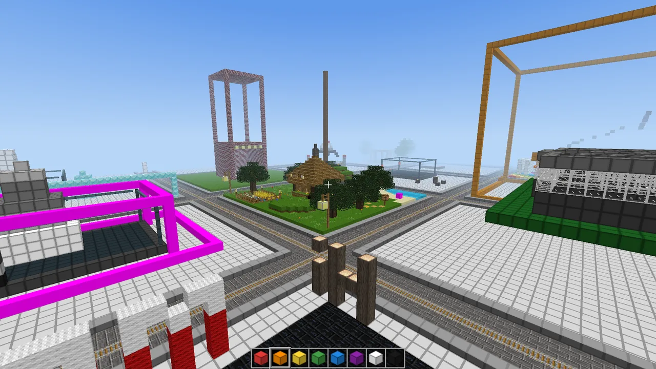 Game screen: plots seen from above — on one a house among trees with a pond, on the next a tall brick tower.