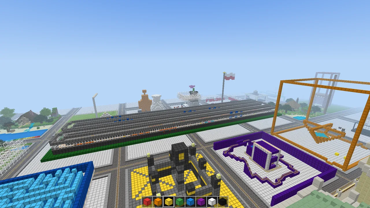 Game screen: minigame arenas hang above the plots — a striped track, a violet maze, a yellow board with a tower and a glass arena in an orange frame.