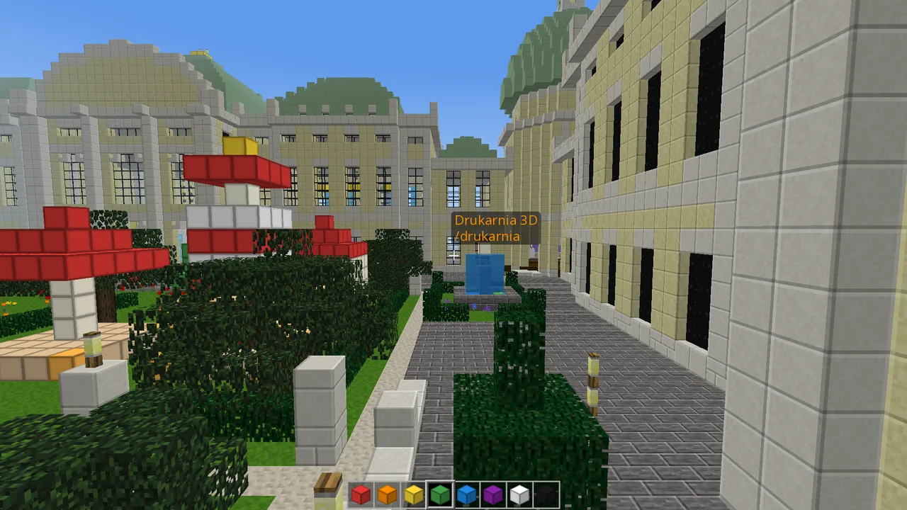 Game screen: an alley between hedges, lamp posts and benches leads to a white pavilion; on both sides trees grow on fenced lawns, and above the door the sign reads “3D print shop”.